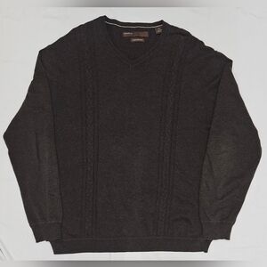 Perry Ellis XL Sweater Men’s Luxury Pima Cotton Brown V-Neck Cable Knit Pullover